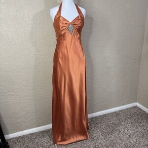 Y2k Burnt Orange Satin Formal Evening Gown Rhinestone Detail & Open Back Size‎ 6